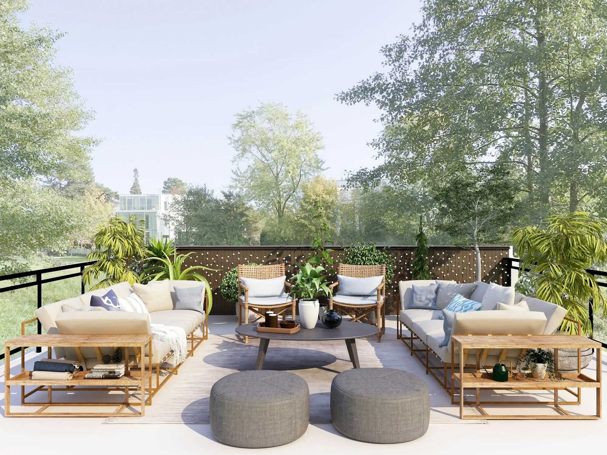 Outdoor sofas and lounge chairs arranged on a backyard patio